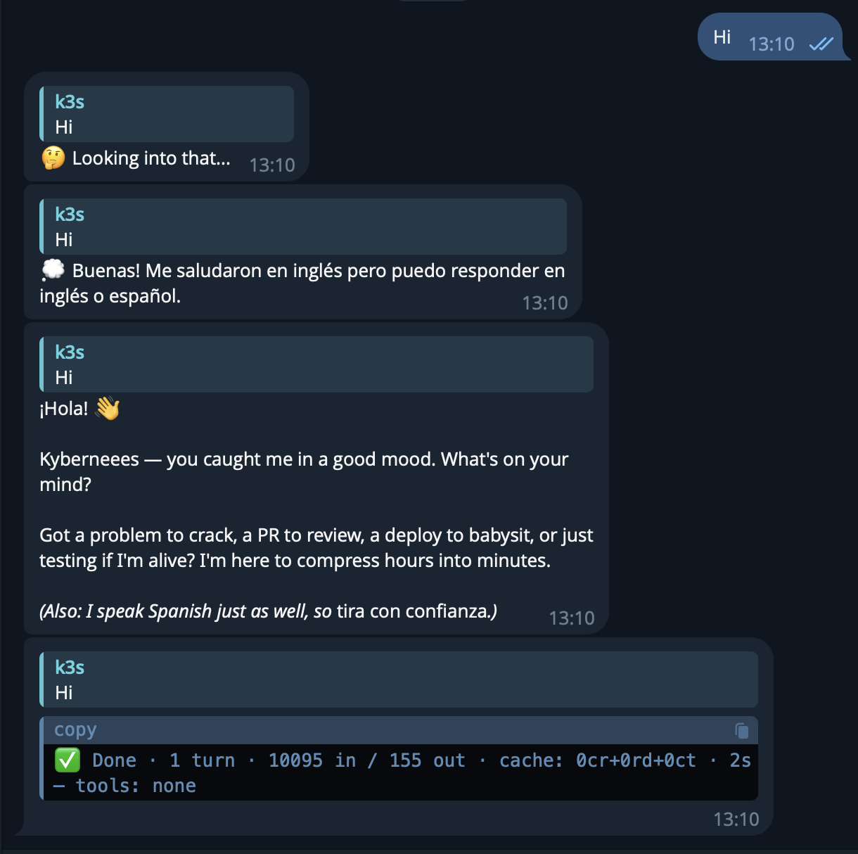 Chatting with the odek Telegram bot — it replies in English and Spanish, with token stats per turn